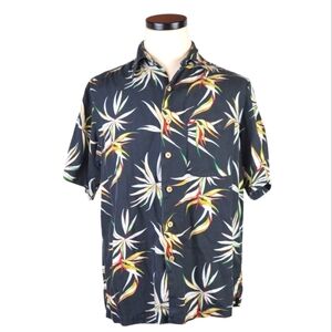 Caribbean Silk Cotton Black Floral Bird of Paradise Shirt Men’s M